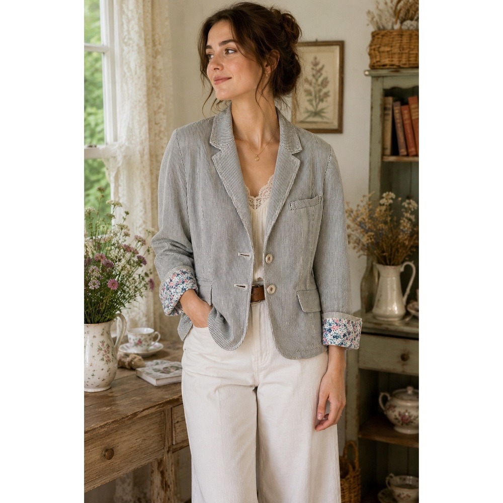 Allihop Cottagecore Stripe Knit Blazer Jacket Floral Trim Gray White Size S